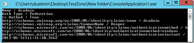 Image showing claims in a console app